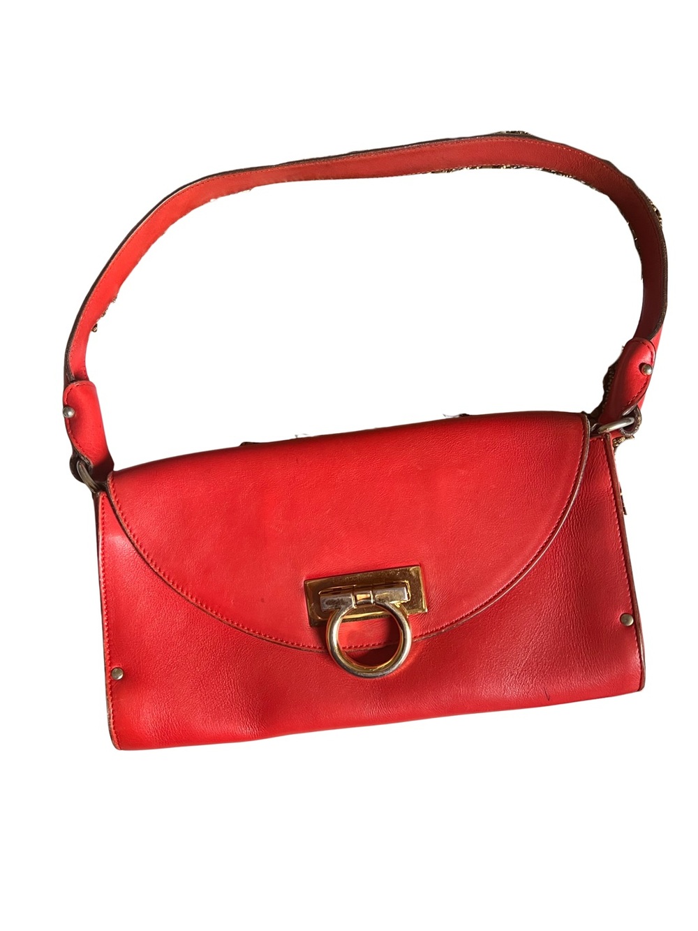 Salvatore Ferragamo Red Leather Shoulder Bag with Gold Ring Hardware